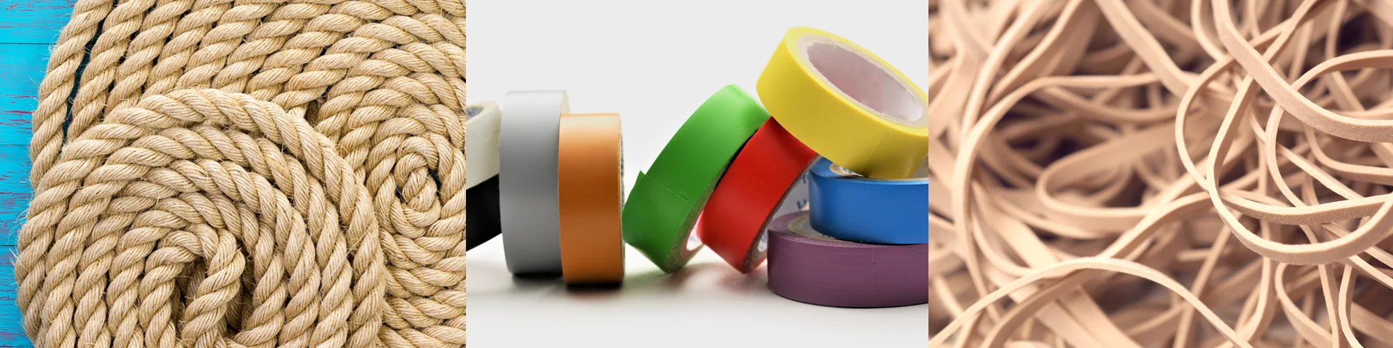 Rope, adhesive tape and rubber bands